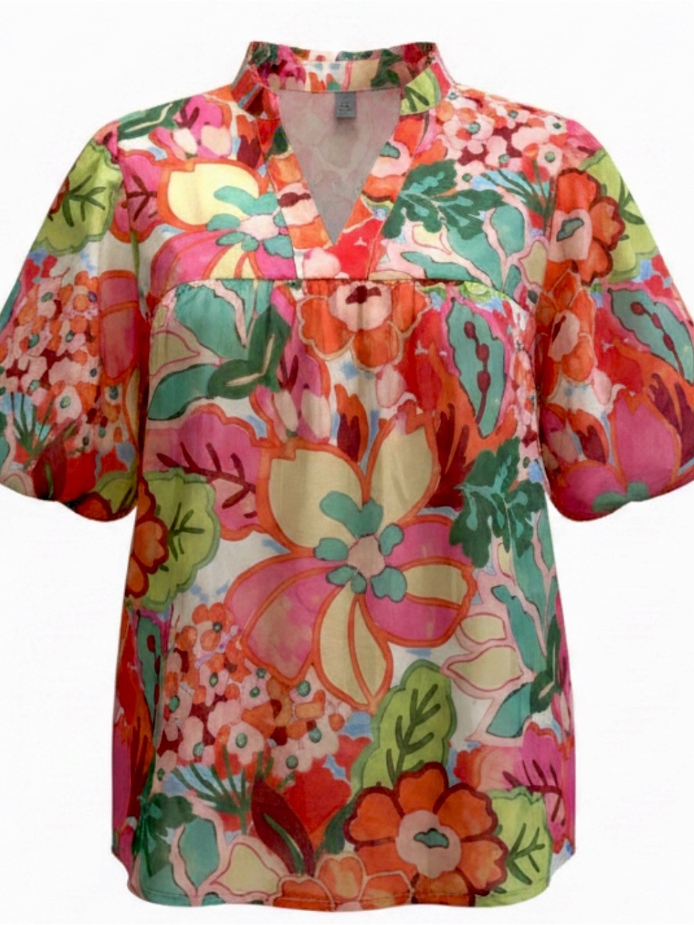 THML Floral Puff Sleeve Blouse Small Pink Orange Green V-Neck Boutique Top